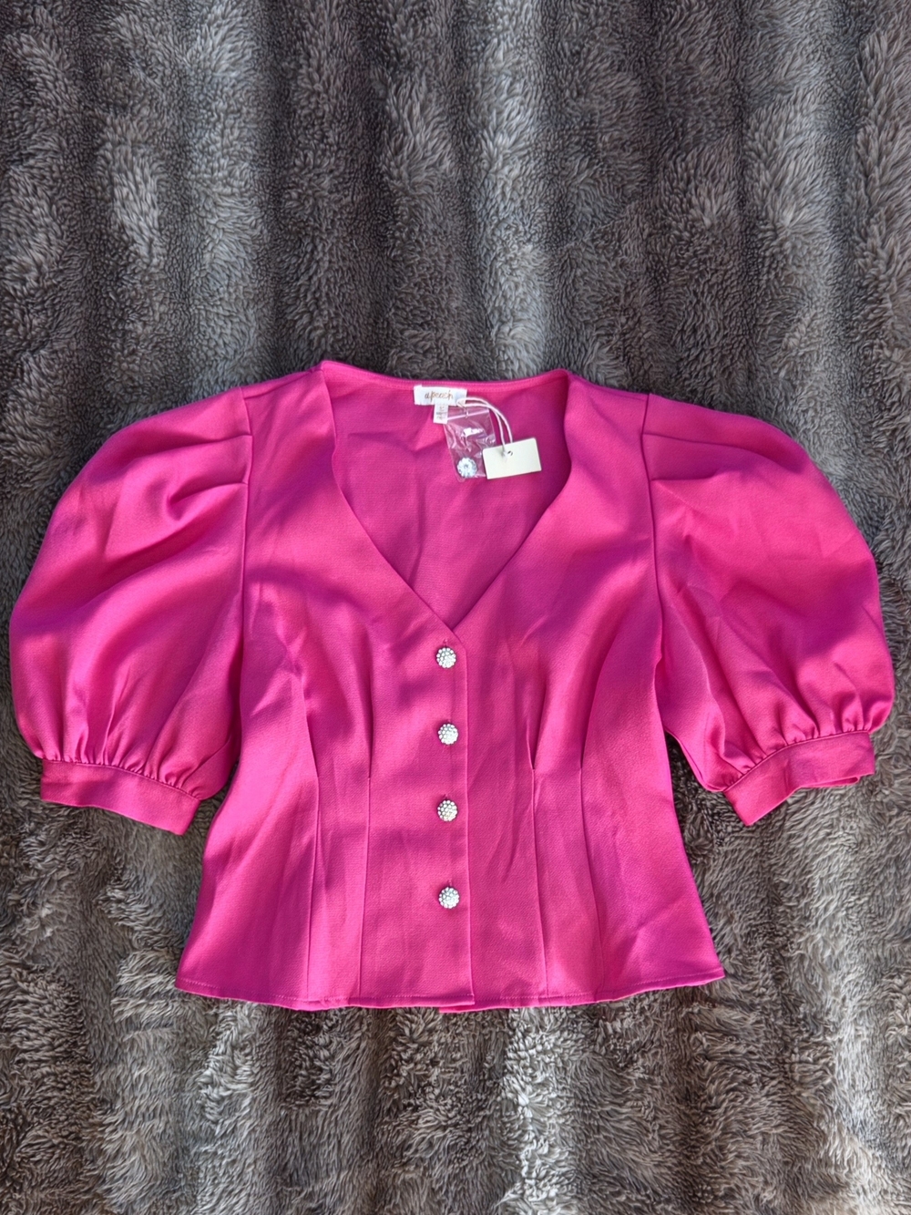 NWOT a. peach Hot Pink Structured Suiting Puff Sleeve Rhinestone Button Top